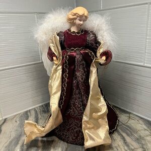 Burgundy Angel Christmas Tree Topper Holiday Decor Feather Wings